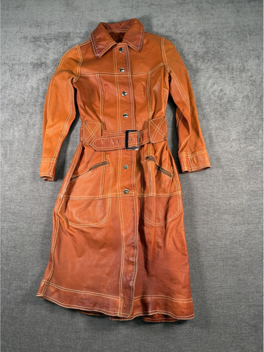 Vintage 1970s Leather Belted Trench Coat in Rust Orange with Contrast Stitching